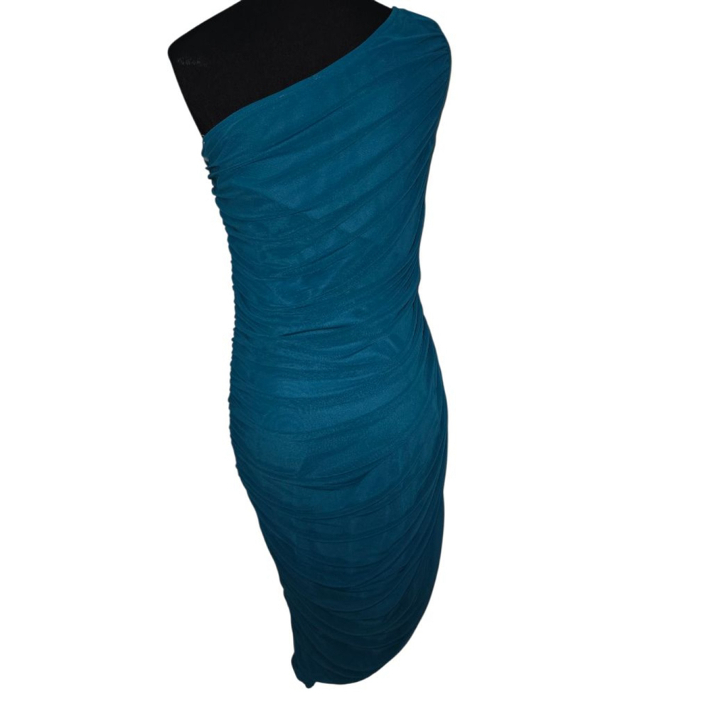Women's L Pretty Garden Teal Ruched One Shoulder Bodycon Dress - Picture 2 of 5